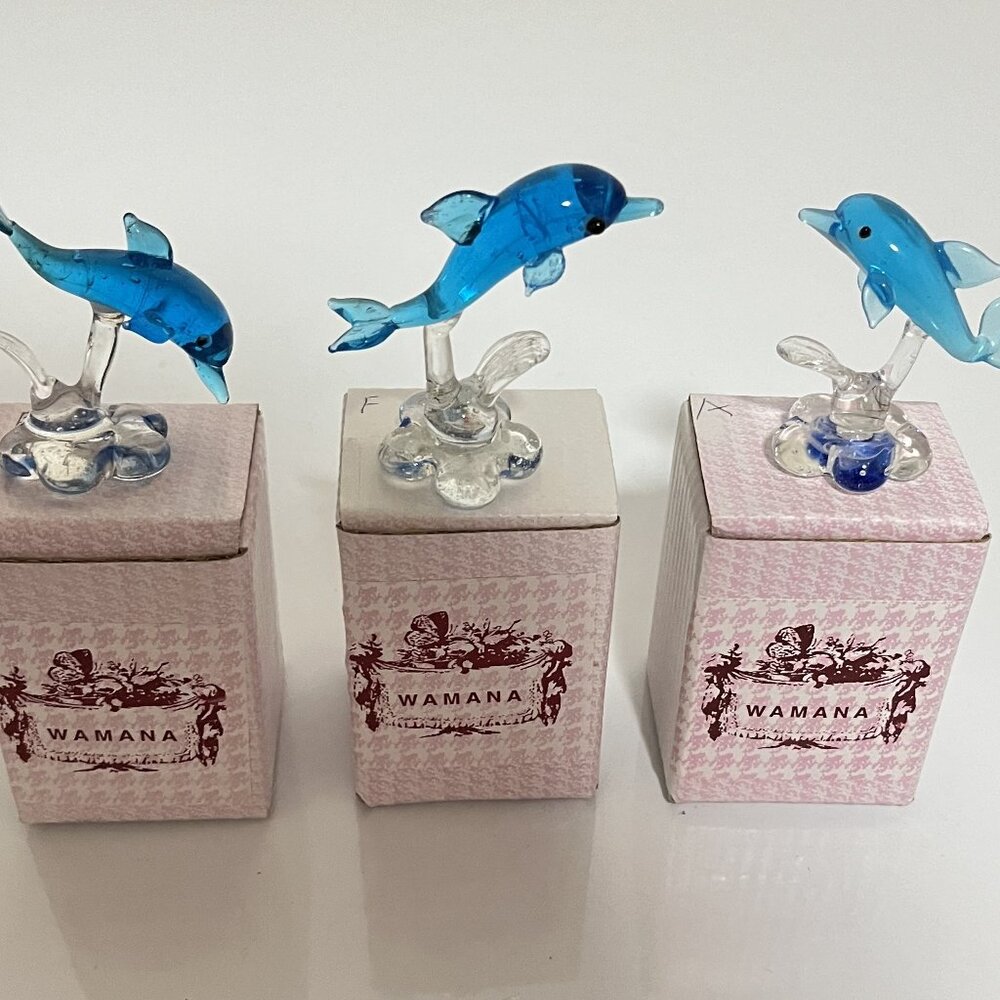 WAMANA MINI HAND-BLOWN GLASS Aqua Blue DOLPHINS/Lot of 3/NEW w/ Open Box